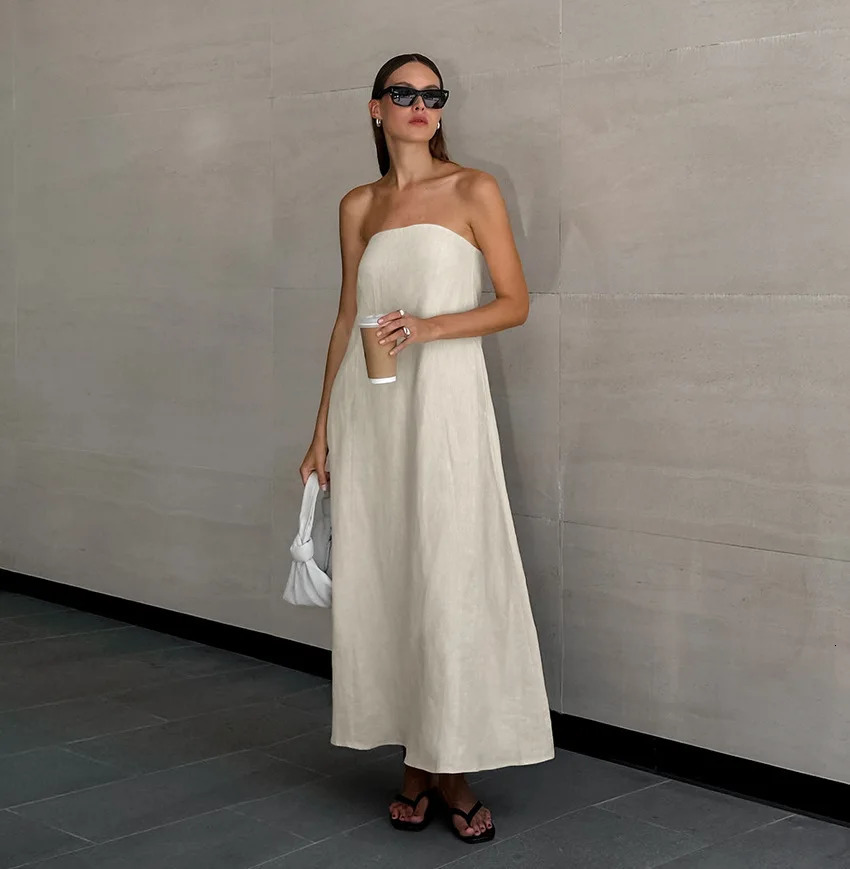 Womens Elegant Strapless Cotton Linen Maxi Dress Backless Sleeveless Pockets Dresses Summer Lady Chic Holiday Robe Beachwear 241216
