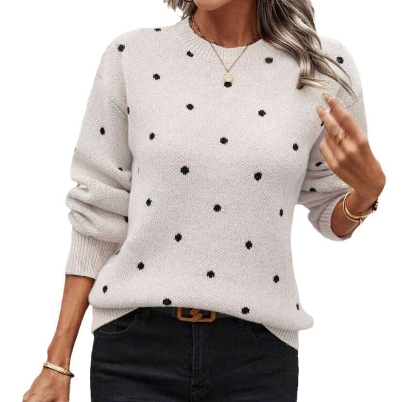 European And American Foreign Trade Fashion Round Neck Long Sleeved Pullover Clothes Autumn Women's Polka Dot Jacquard Knitted Sweater Top