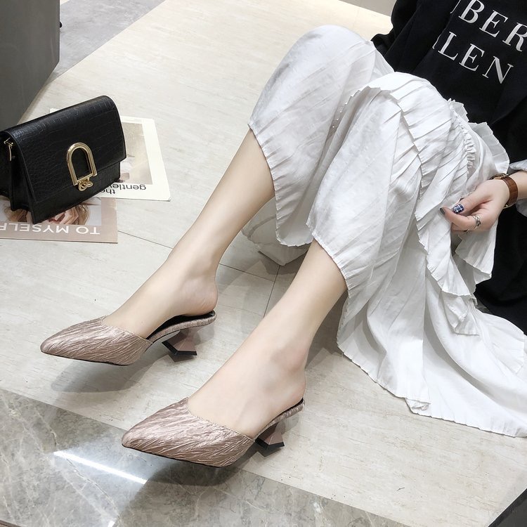 2025 new Pleated Summer mules shoes woman pure elegant dress pumps korean strange high heels slippers women closed toe sandals satin