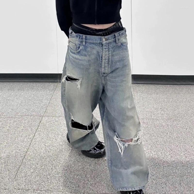 2025 S Fashion Designer Men S Jeans PFNW High Street Korean Trendy Washed Knee Cutting Hole Distressed Straight For Men Loose Denim Pants W
