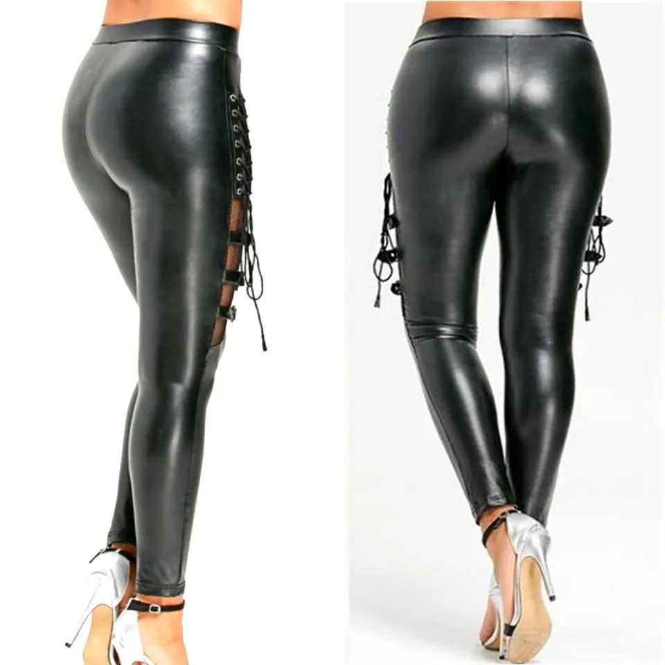 Womens long leg sexy lace black faux leather Gothic wet appearance club suit latex pants ultrathin fashion 241212