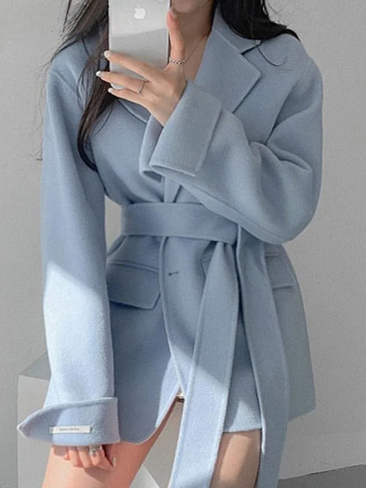 UCXQ Fashion Woolen Coat Korean Style Solid Color Cardigan Lace Up Waist Long Sleeve Elegant Jacket Women 2024 Autumn Winter 979