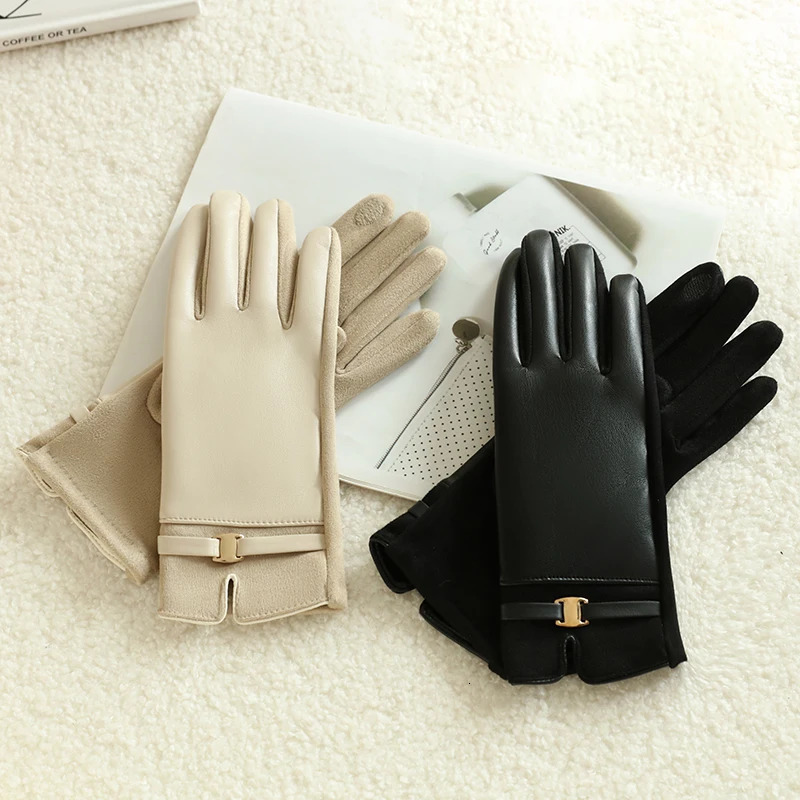 1 pair of winter wool lined womens gloves for heating and touch screen Pu elegant exquisite bicycle driving 241212