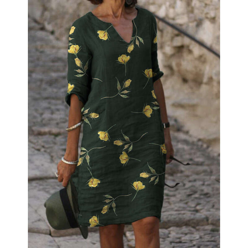2021 summer print loose bamboo fiber en ral short sleeved women's retro artistic round neck five quarter sleeve 2024 new casual versatile fashion