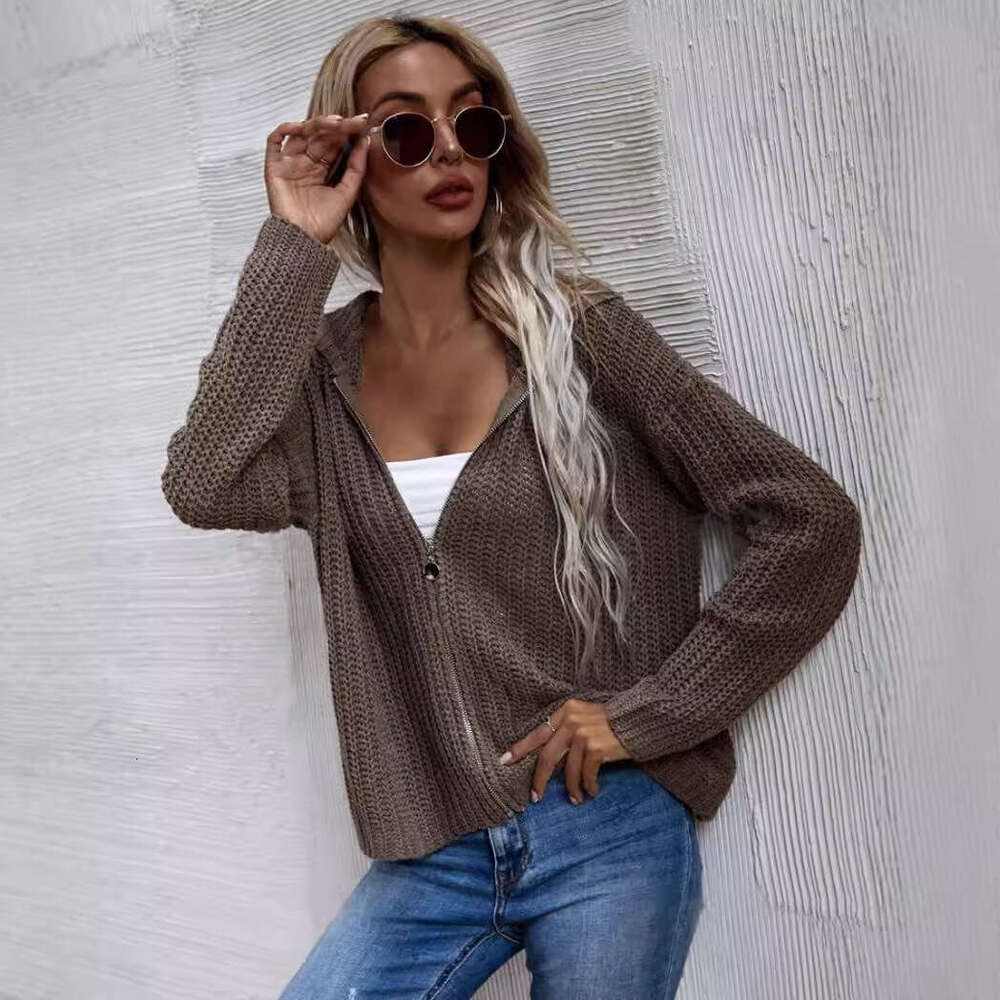 New European American Clothing For Foreign Trade, Women's Autumn And Winter Hooded Cardigan, Knitted Waffle Hoodie Top