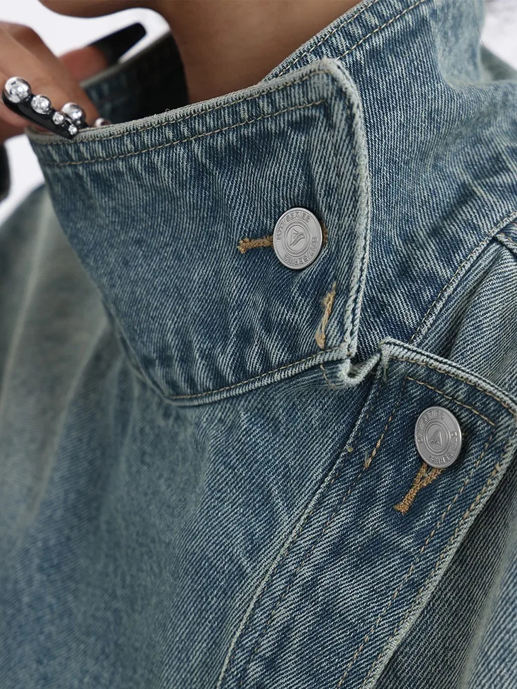Womens denim coat sea collar single chest full sleeve patch work version jacket fashionable autumn street clothing 241211