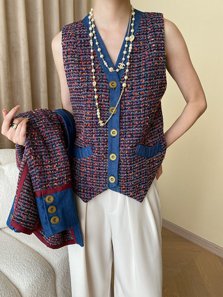 Vintage Women's Tweed V-Neck Loose All Match Jacket Vest Elegant Two-Piece Set Spring Autumn 3A9936