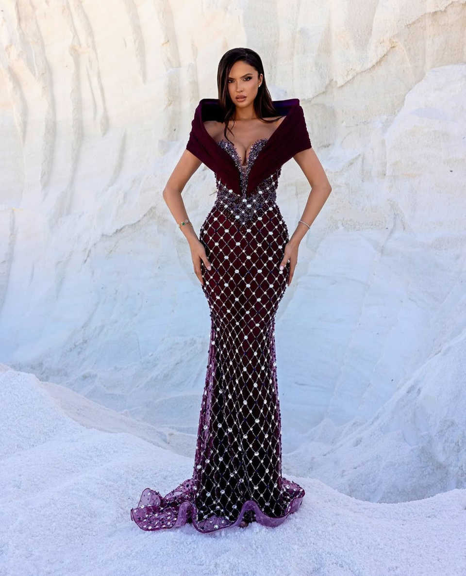 Arabic Purple Sequined Lace Mermaid Evening Dresses Off Shoulder Sheer Crystal Beading Formal Prom Gowns