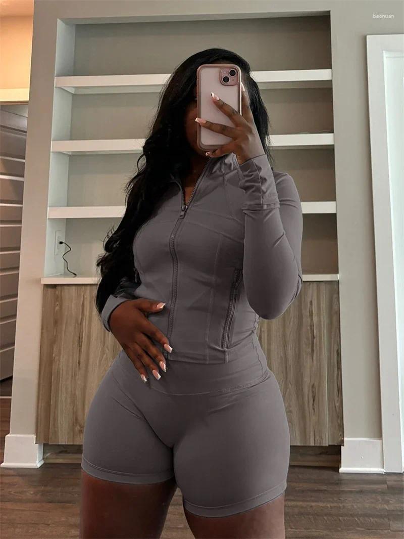 Women's Tracksuits Solid Casual Tracksuit Women 2 Piece Set Outfit Sportwear Fitness Zipper Jacket Top And Short Sets Womens Matching