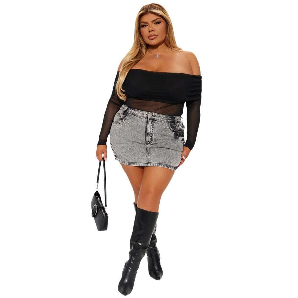 Spring Summer European And American Fashion Spicy Girl Style Top Plus Size Women's Clothing Strapless Mesh Semi Transparent Long Sleeved T-Shirt 