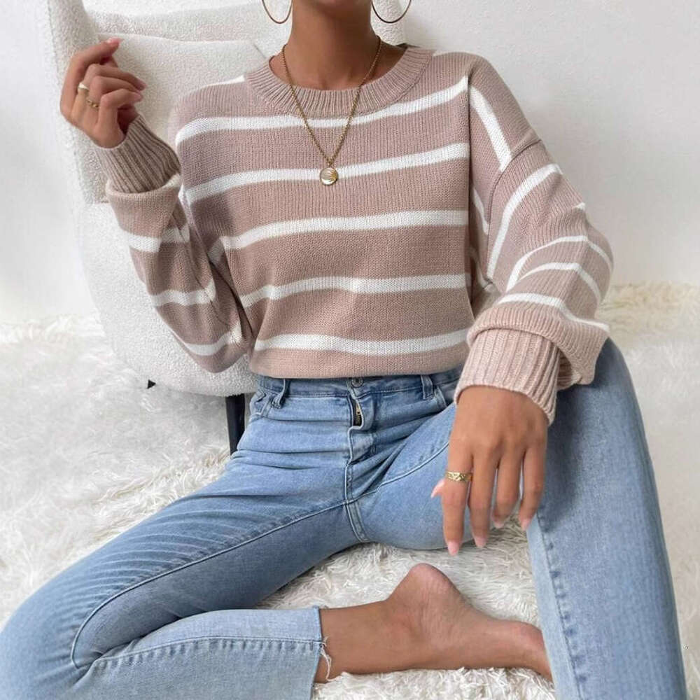 European And American Round Neck Pullover, Long Sleeved Knitted Sweater, Striped Casual Autumn Clothes, Women's Fashion Quality, Classic