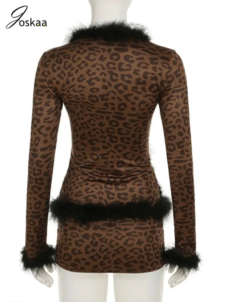 Joskaa Leopard Print 2 Piece Sets Women Sexy Furry Collar Long Sleeve Lace-Up Tops and Mini Skirts Matching Midnight Clubwear 241216
