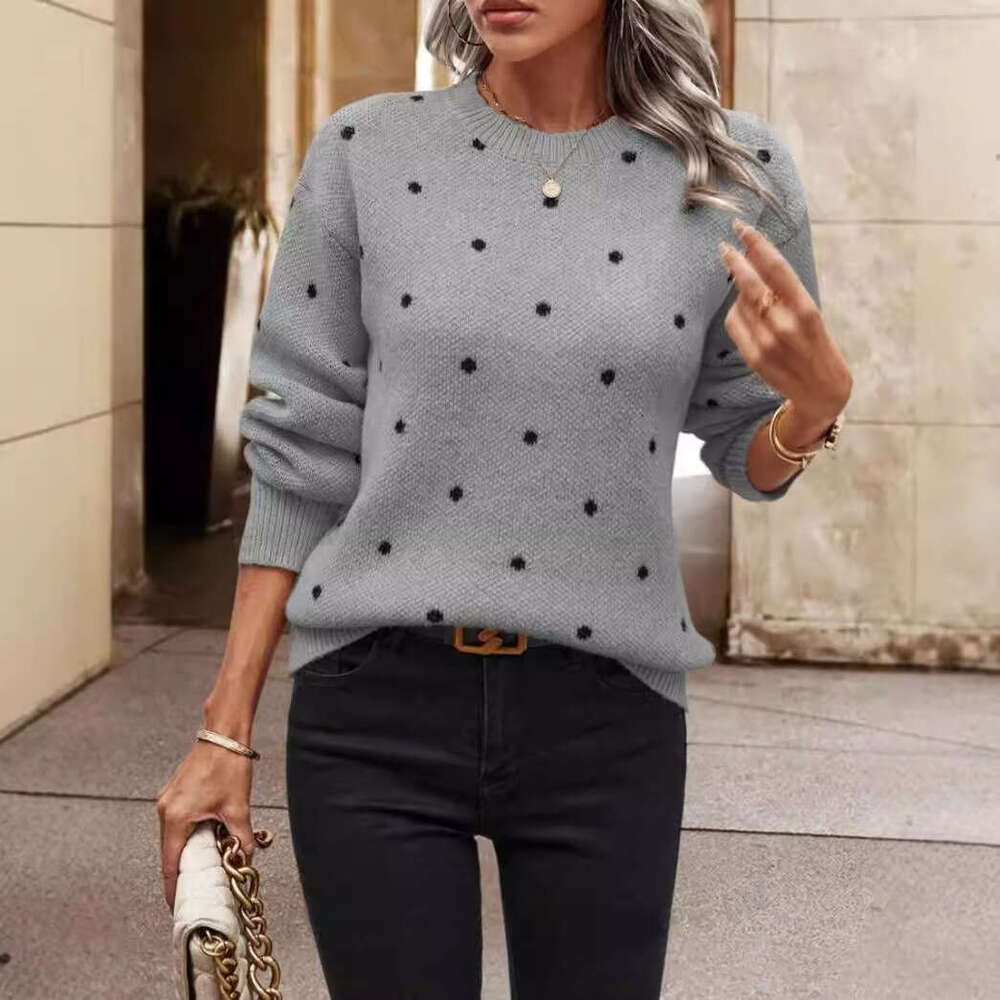 European And American Foreign Trade Fashion Round Neck Long Sleeved Pullover Clothes Autumn Women's Polka Dot Jacquard Knitted Sweater Top
