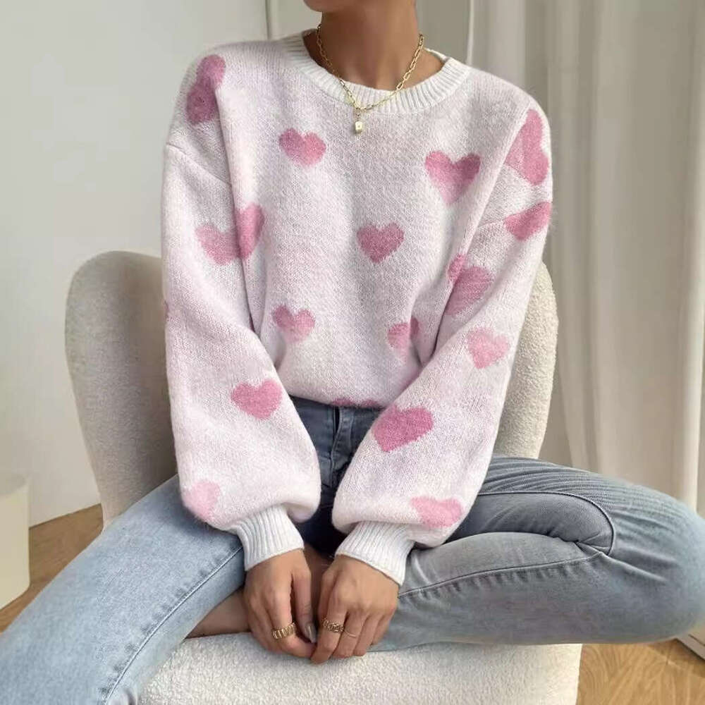 European And American Round Neck Pullover Versatile Love Contrasting Color Loose Casual Knitted Long Sleeved Shirt Slimming Clothes Autumn Women