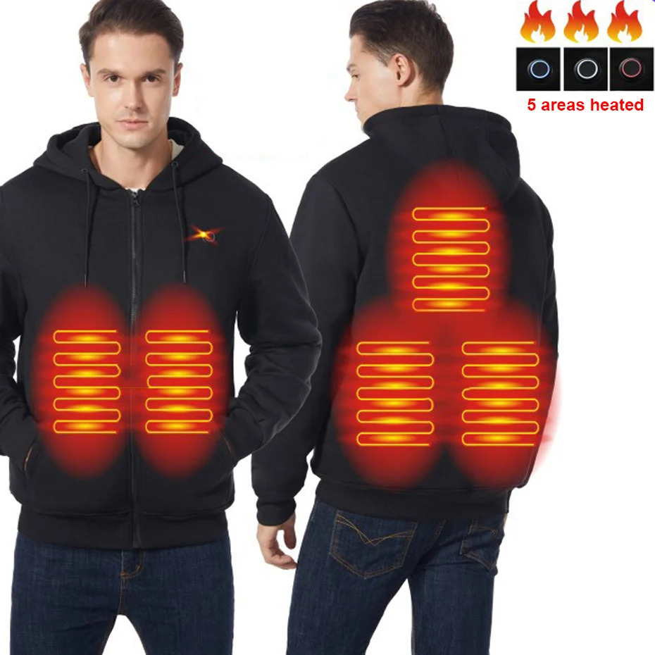 USB heated hoodie mens winter electric heating hoodie jacket with zipper hoodie infrared 5 heating zone jacket black gray 241214