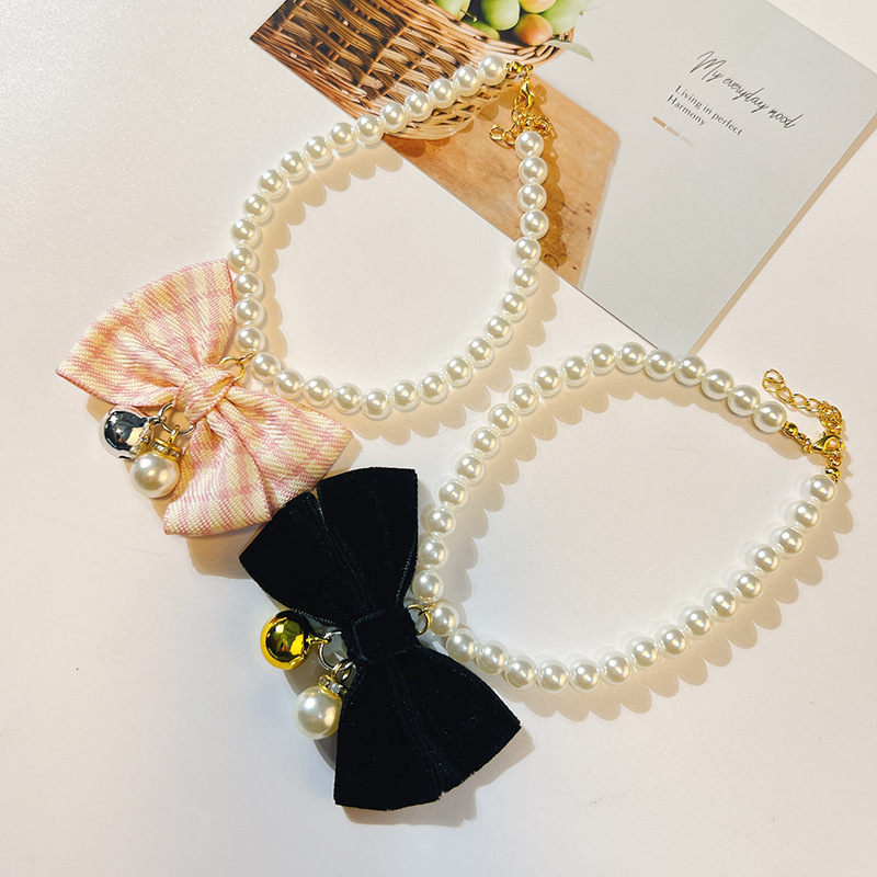 Cats Collar Cute Adjustable Pearl Dog Bell Necklace Jewelry Pearl Bow Pet Collar Elegant Party Dress Collar