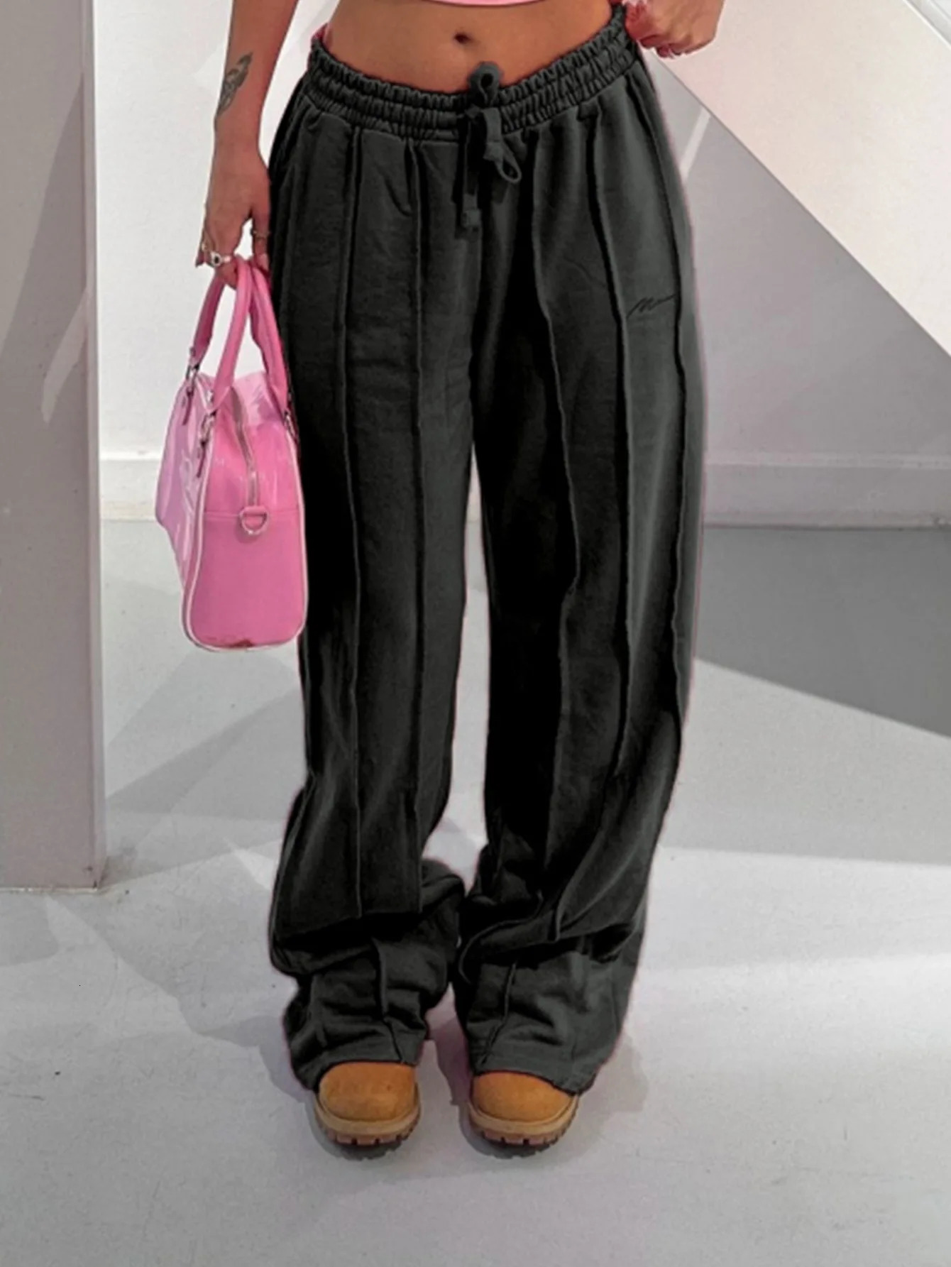 Womens Y2k elastic brushed straight leg pants casual high waisted wide lounge sports street Trousers 2024 241212