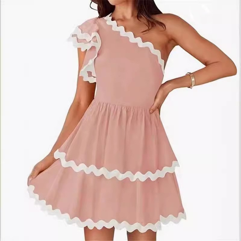 Urban Sexy Dresses One Shoulder Dress Casual Summer Contrast Color Ruffle Party Mini Dress for Cocktail Beach Club Streetwear