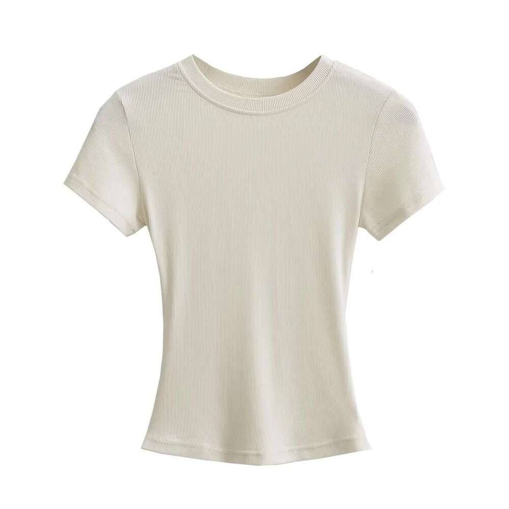American INS basic elastic slim round neck threaded T-shirt for women's summer high waist tight fit with exposed navel solid color short sleeved 