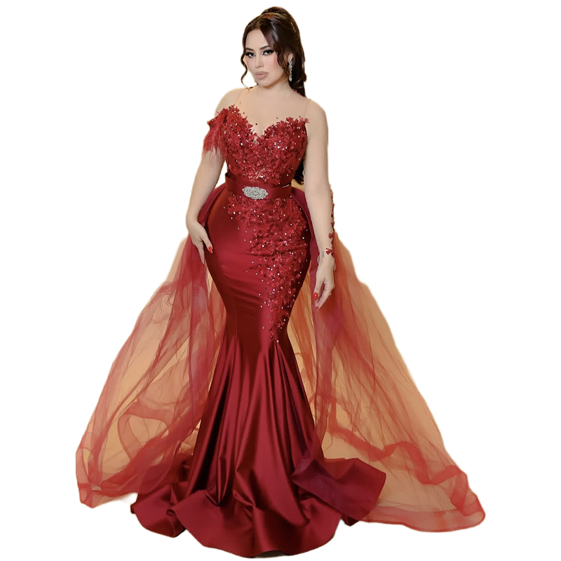 Beaded Long Sleeves Mermaid Evening Dresses Feathers Lace Appliques Detachable Train Dark Red Prom Dress 2025 Trumpet Special Occasion Gown For Women