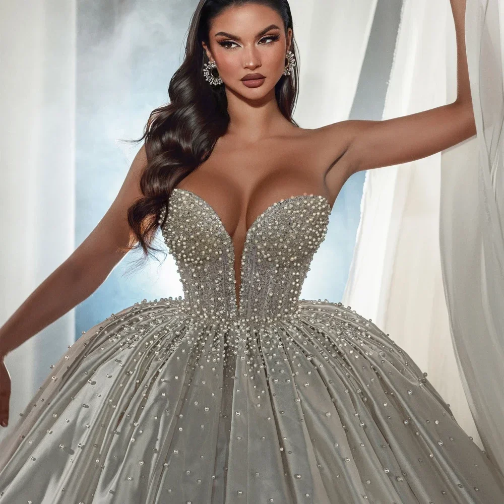 Gorgeous Ball Women Wedding Dress Sweetheart Neck Sleeveless Bridal Gown Pearl Sequins Sweep Train Dresses Customized Vestido De Novia