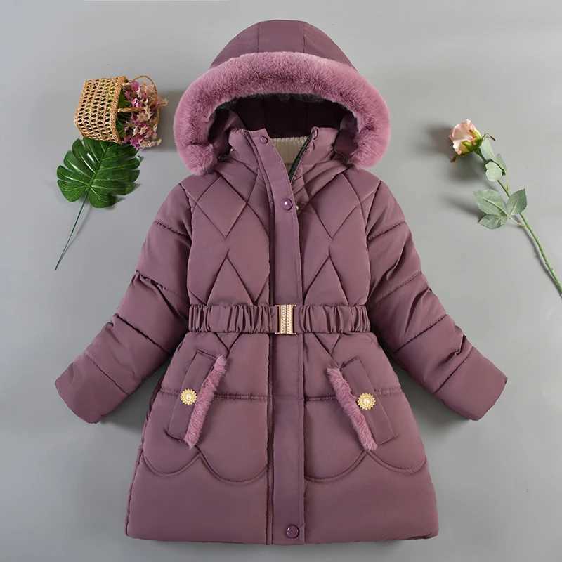 New Winter Keep Warm Girls Jacket Thick Solid Color Fur Collar Hooded Parkas Coat For 4-10 Years Kids Children Outdoor OuterwearXJ241214