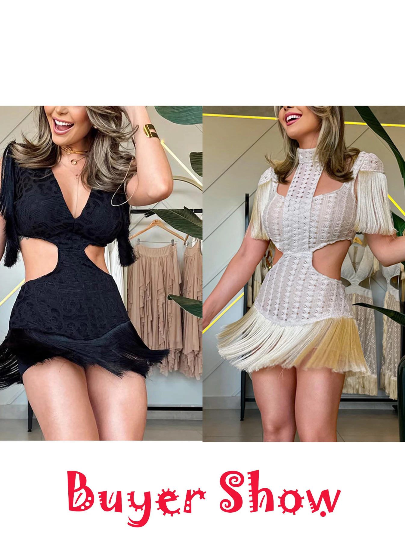 2024 Sexy Women Black Leopard Tassel Mini Dresses Deep V Sleeveless Naked Waist Dress Summer Party Evening Female Vestidos 241216