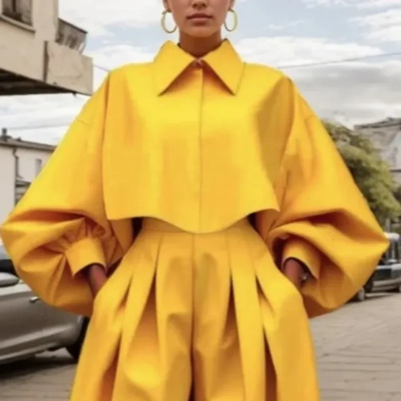 Beautyblue Elegant Womens Sets Yellow Two Piece Set Casual Buttoned Pleated Lapel Blouses Pockets Trousers Female Suit 241212