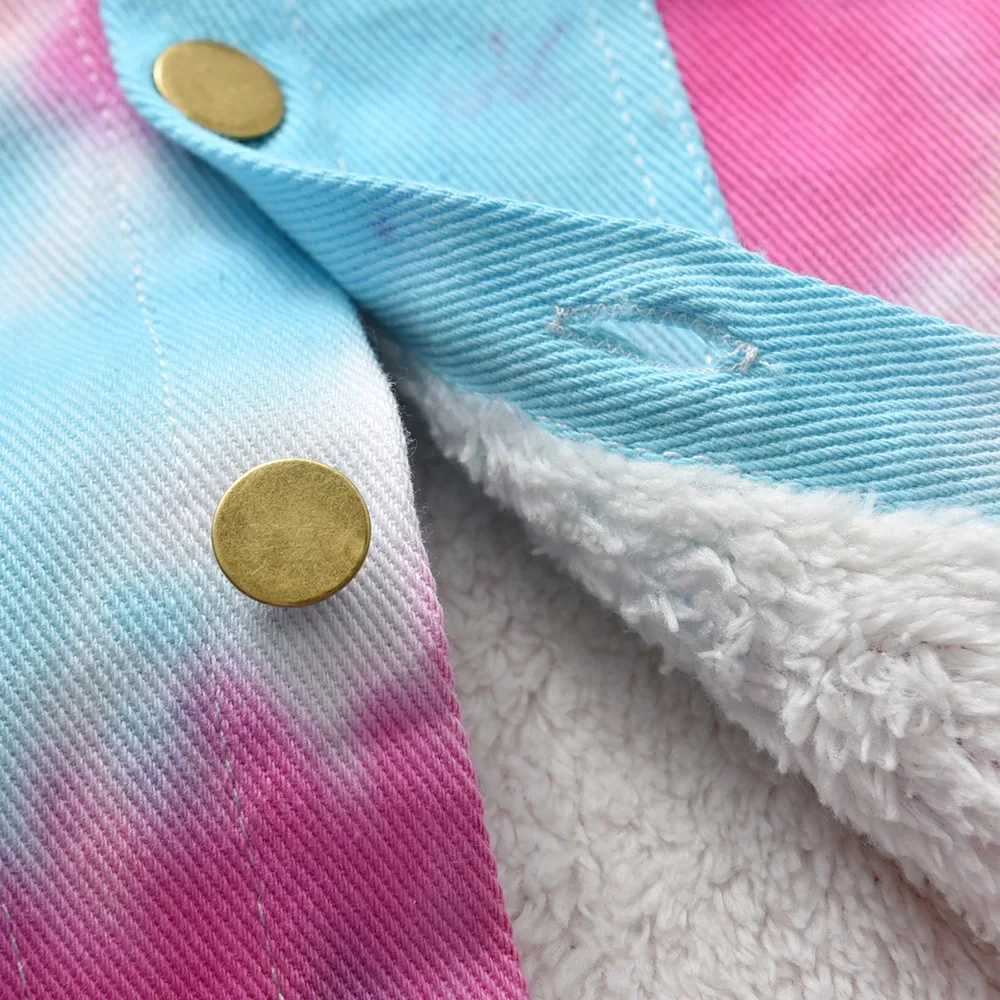 Childrens Korean Version Colorful Denim Jacket with Imitation Lamb Velvet Autumn and Winter Warm Boys and Girls Fine Hair CoatXJ241214