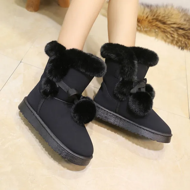 Women Suede Warm Winter Shoes Fur Ball Mid-Calf Female Fashion Boots Non-Slip Snow Casual botas