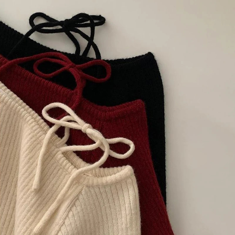 CC88 Irregular temperature slanted neck off shoulder tie bow pulled Korean style chic long sleeved knitted sweater 241211