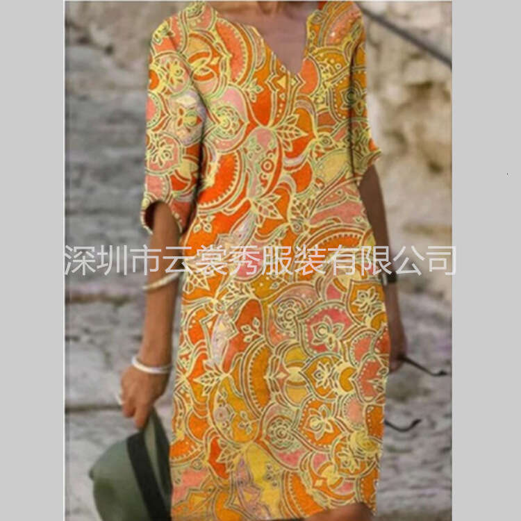 2020 summer print loose washed cotton floral short sleeved women's artistic round neck five quarter sleeve 2024 new casual versatile fashion clot