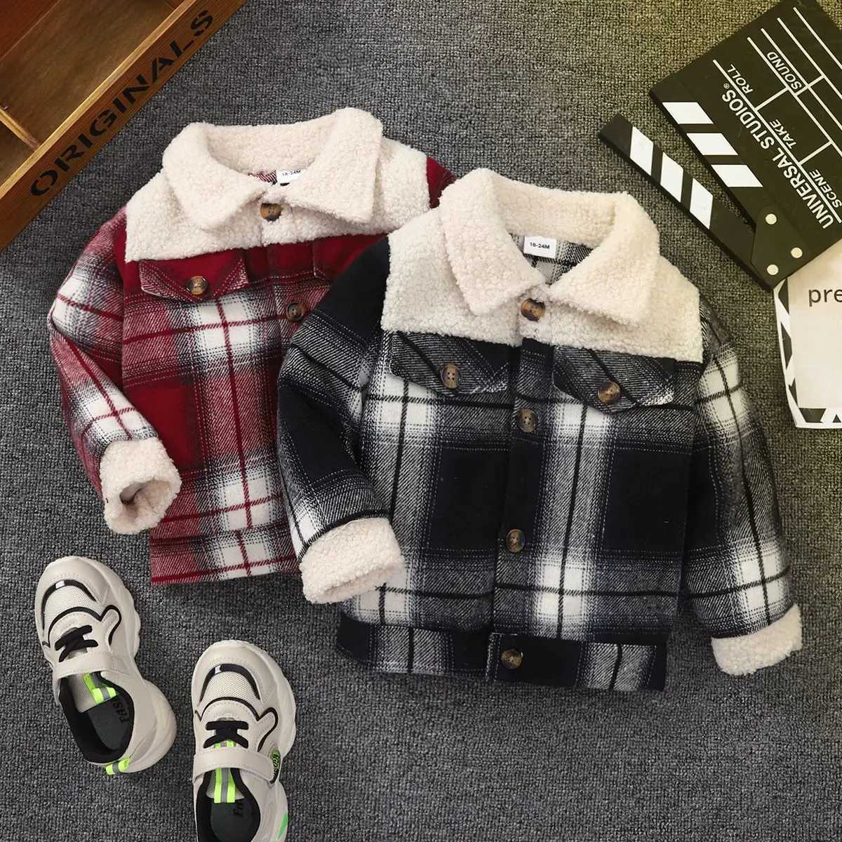 1-6 year old boys spring and autumn sle spliced fleece collar single breasted checkered versatile casual jacketXJ241214
