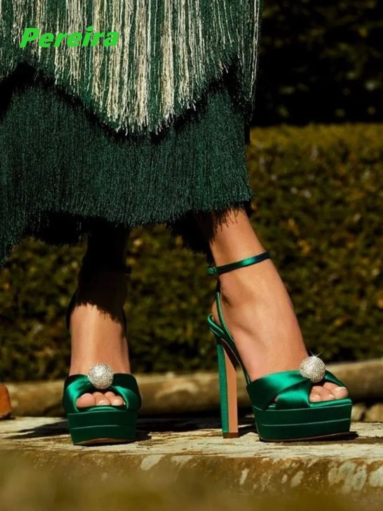 Green Satin s Sandals Arrival Summer Platform Round Toe Super Thin High Heel Solid Fashion Party Shoes 241213