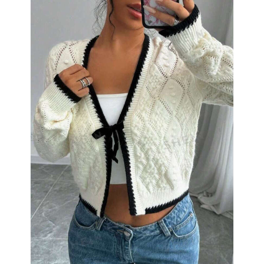 Autumn Women's Fashion Casual Bow White Cardigan Jacket Trend
