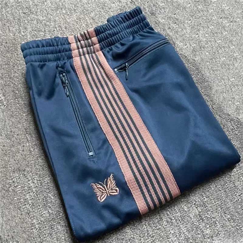 24ss Butterfly Embroidered Stripe Sports Pants Mens High Quality Zipper Pocket Oversized Black Running Pants X241216