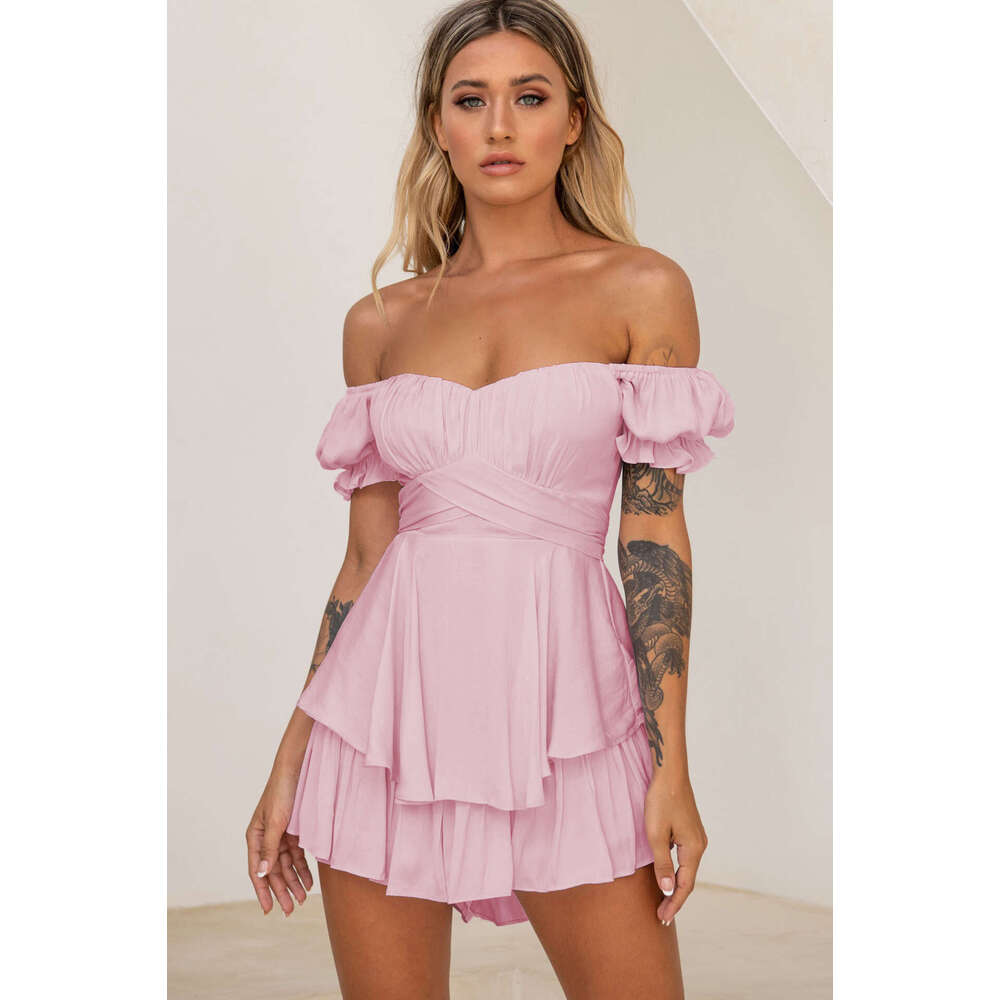 Wholesale Jumpsuit Solid Color Sexy One Collar Lantern Lotus Leaf Sleeves Casual Summer Women's Short Pants Fashionable Quality Classic