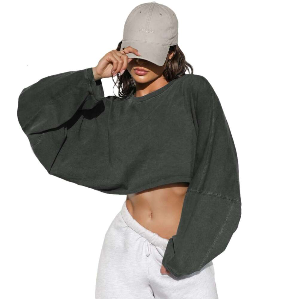 Umbilical Round Neck Sweatshirt, European And American Women's Short Sports Base T-Shirt, Knitted Shirt, Long Sleeved Top