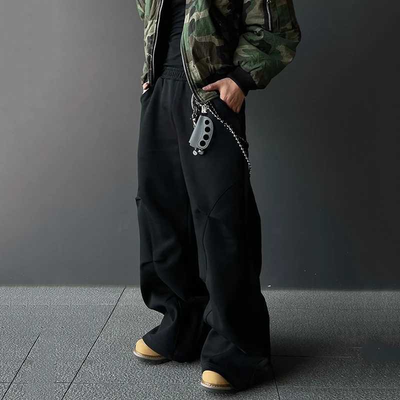 PFNW autumn mens casual sports pants with pleated solid color elastic waist straight bottom wide leg mens tight pants 12C1953 X241216