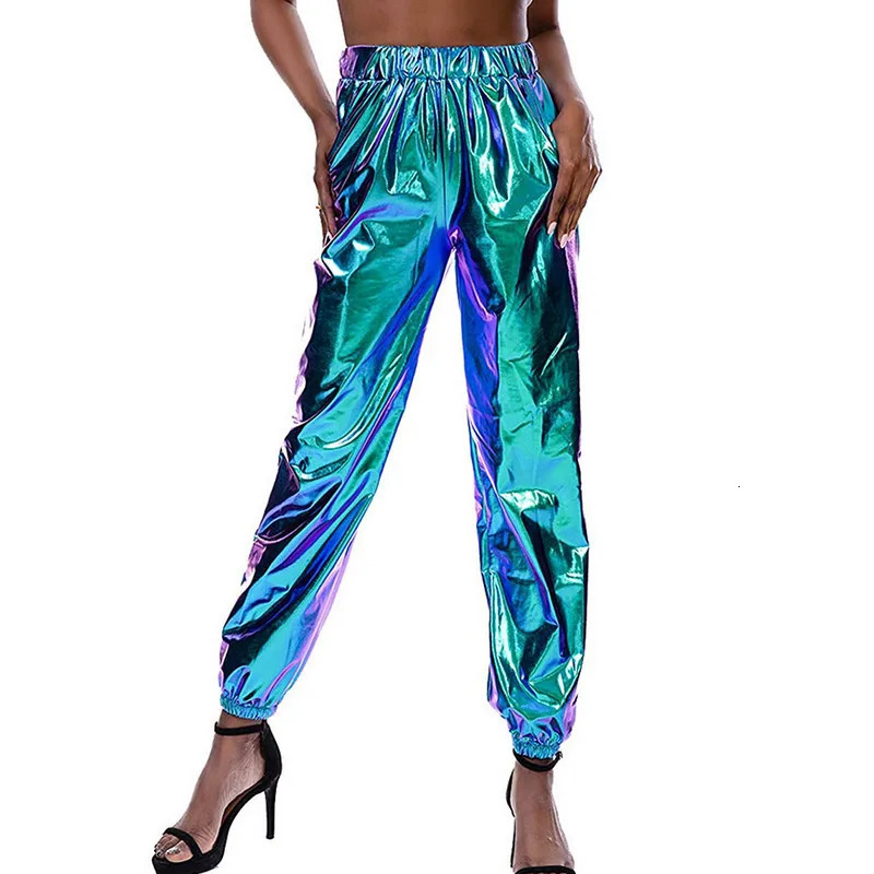 Womens Shiny Metallic Jogger Pants High Waist Stretchy Holographic Color Hip Hop Trousers 241212