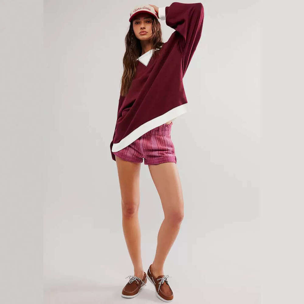 Street Style Contrasting Color Thread Long Sleeved Top, Loose Trendy Brand Off Shoulder Round Neck Hoodie Jacket, Women's Spring And Autumn Fashi