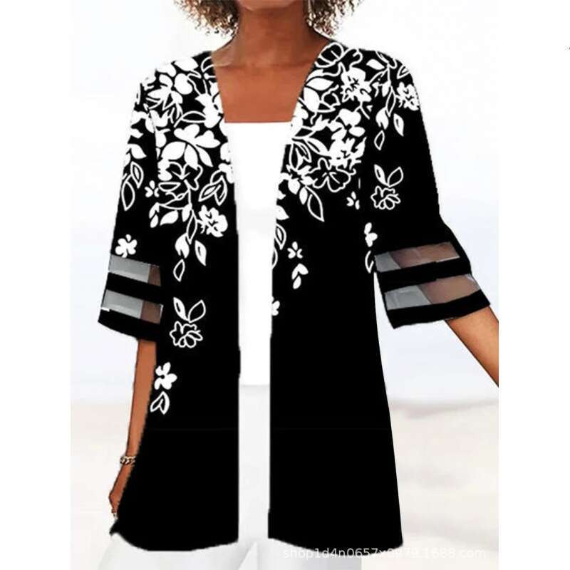 European American Women's Spring and Summer Positioning Printed Mid Sleeve Loose Hemp Small Outer Coat 2024 New Casual Fashion Trendy Clothing