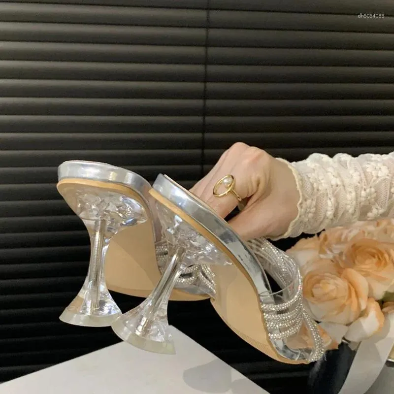 Slippers 2025 Summer Sexy PVC Transparent Open Toe Crystal Narrow Band Women Banquet Low Heels Shoes atos Mujer