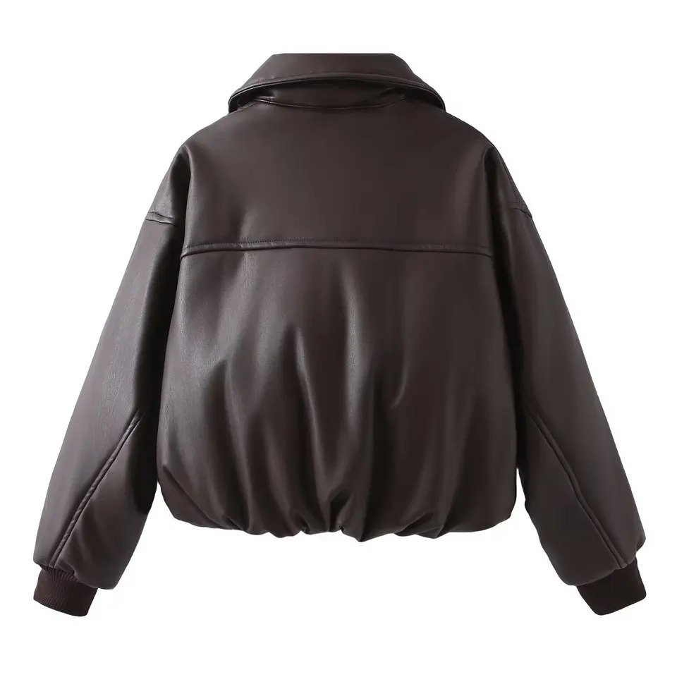 PU Leather Short Flight Jacket for Women Cotton Clothing Minimalist Retro Coffee Color Zipper Long Sleeve Casual 241121