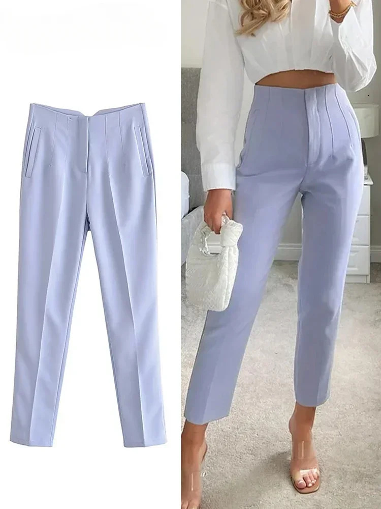 2024 Classic Womens Pencil Pants Spring Basic Solid High Waist Straight Casual Slimming Ankle Length Trouser Pantalones 241212