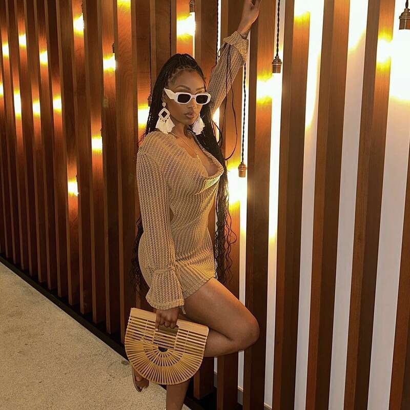 Sexy Knitted Hollow Bag Hip Dress European And American Summer Fashion Spicy Girl Long Sleeve Short Skirt Female