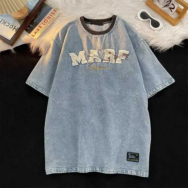 New style washed distressed denim short-sleeved mens loose summer heavy fashion brand pure cotton round neck T-shirt y2k tops W241216