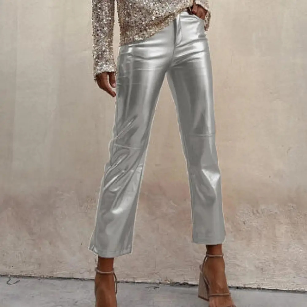 Womens metal straight leg PU pants artificial leather mid waist zipper breathable club party womens ninth pair of 241212