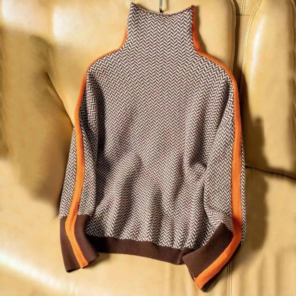 Womens autumn and winter contrasting color sweater high neck long sleeved patchwork n knitted top thick warm pull up 241211