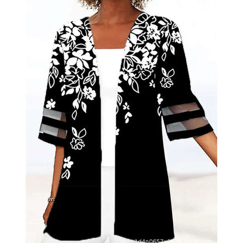 European American Women's Spring and Summer Positioning Printed Mid Sleeve Loose Hemp Small Outer Coat 2024 New Casual Fashion Trendy Clothing